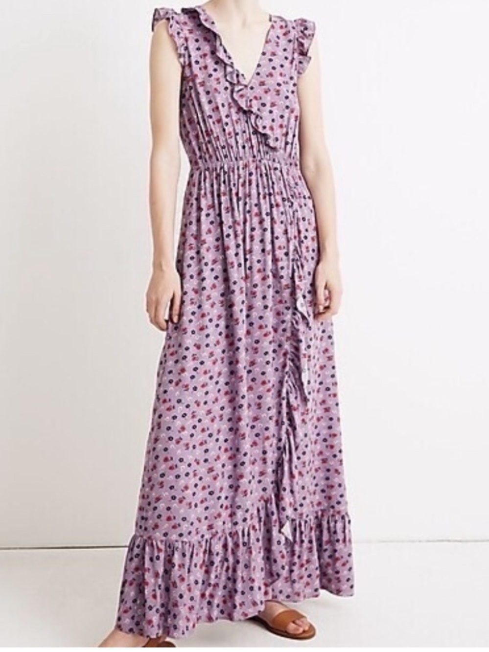 Madewell Lavender Floral Ruffle-Trim Wrap Maxi Dress